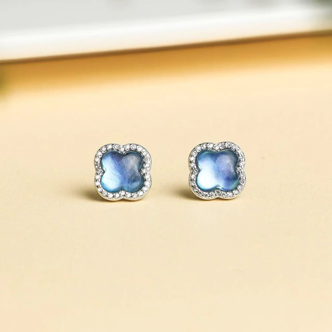 （桃）四叶幸运叶海蓝宝s925银耳钉一对