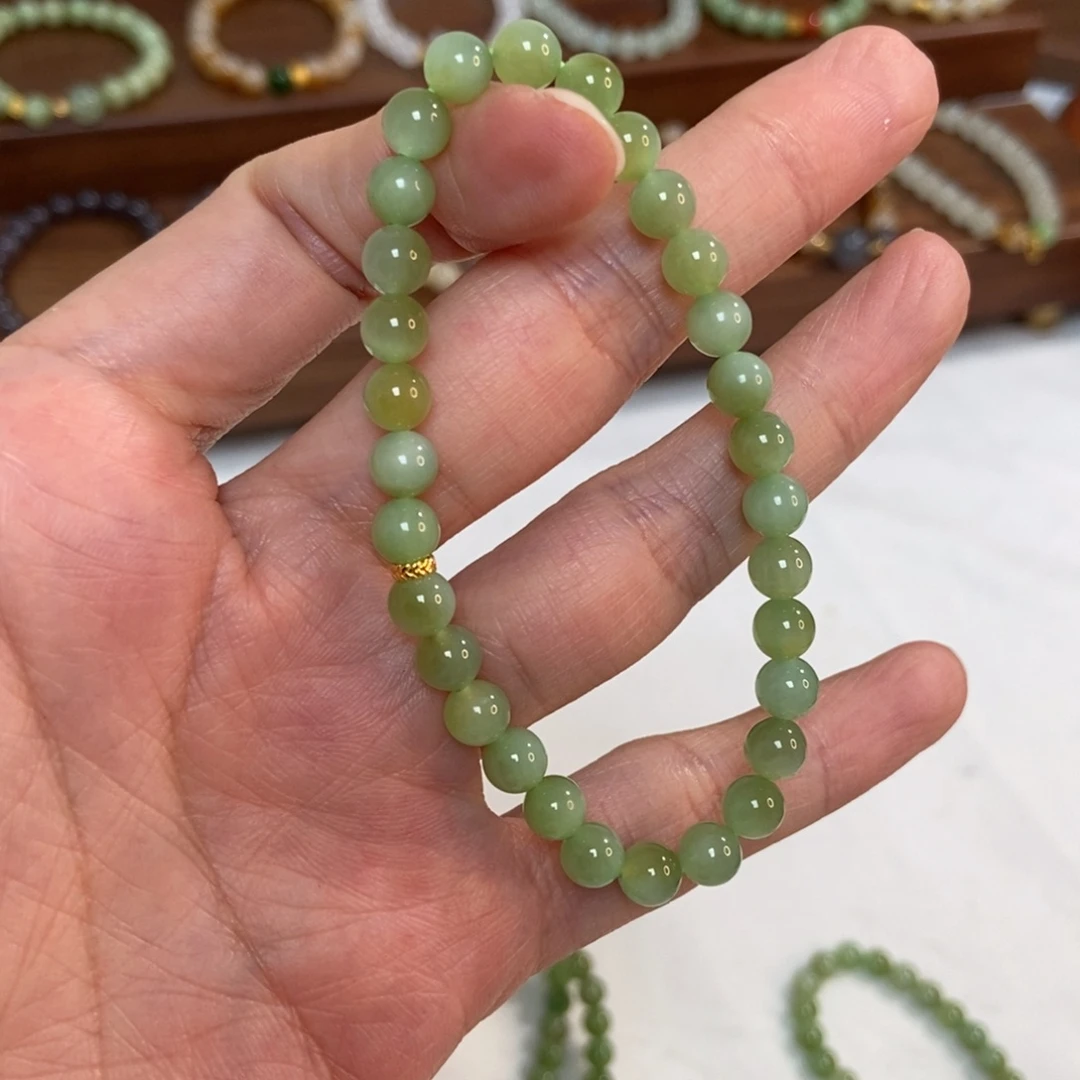 和田玉18K金镶嵌手链6mm黑阳洞碧玉微猫