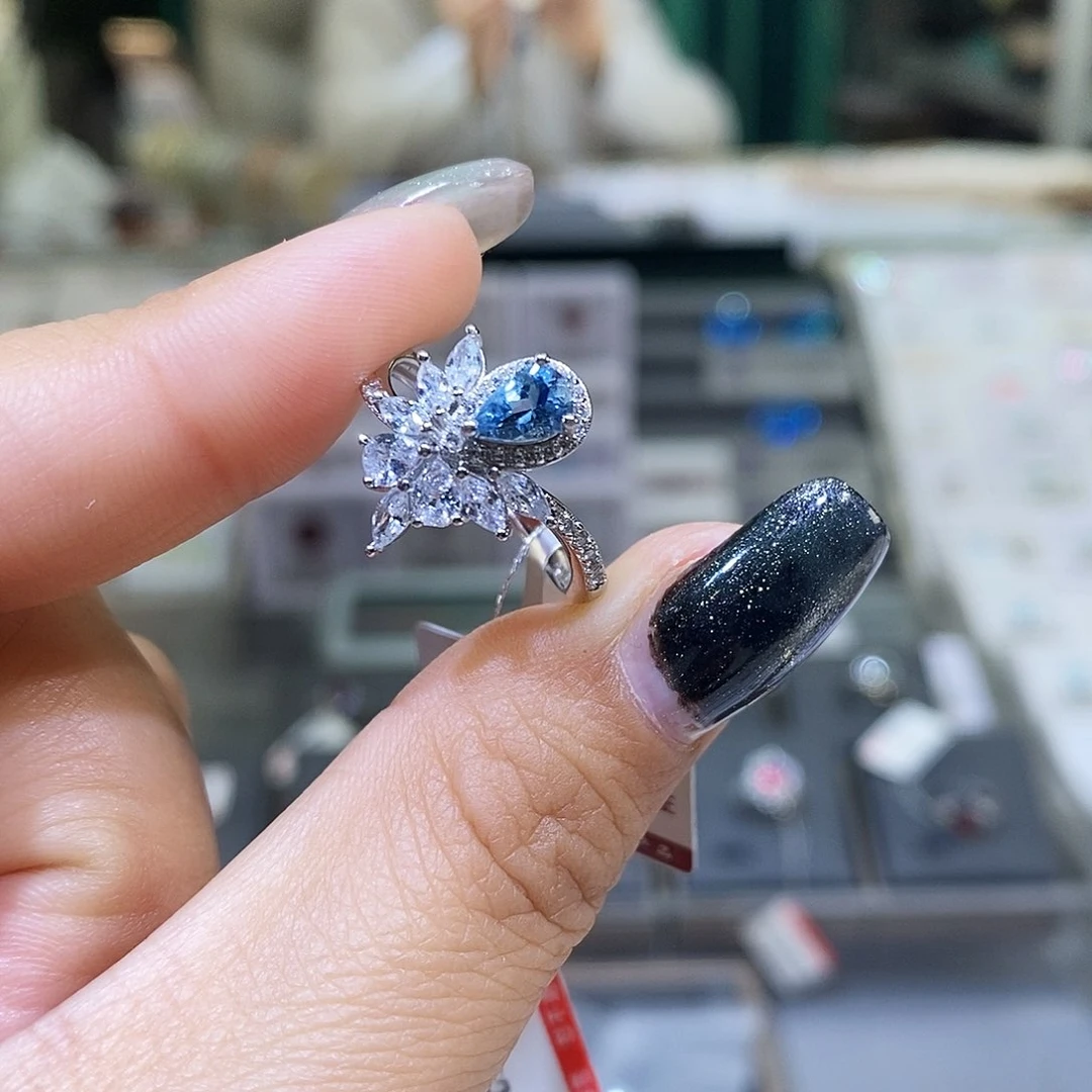 海蓝宝石戒指银S925镶嵌天然圣玛利亚海蓝宝