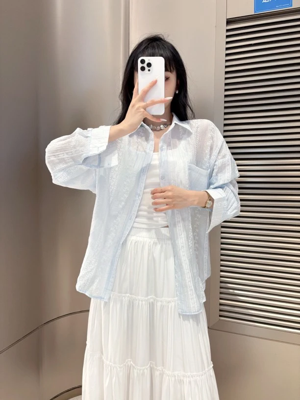 0865提花设计感薄款防晒衬衫女宽松显瘦百搭休闲上衣