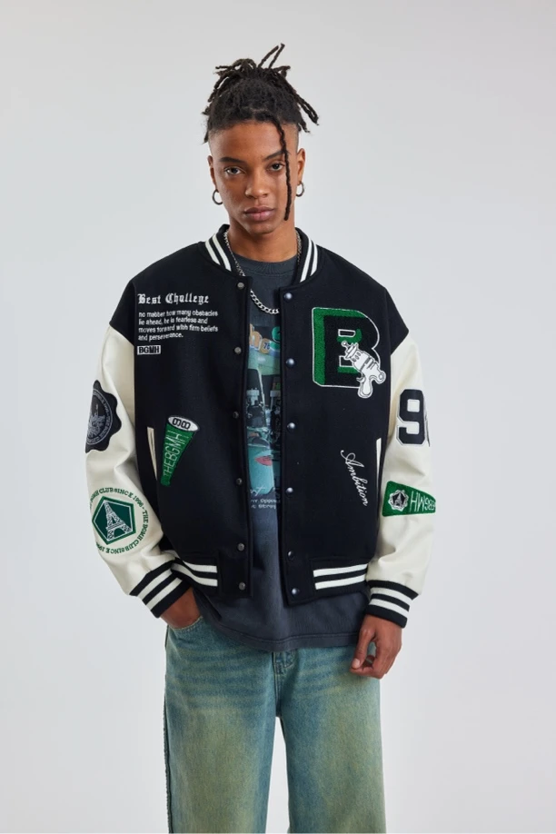 BGMH设计师联名棒球服不加棉刺绣外套美式春秋黑色#8910