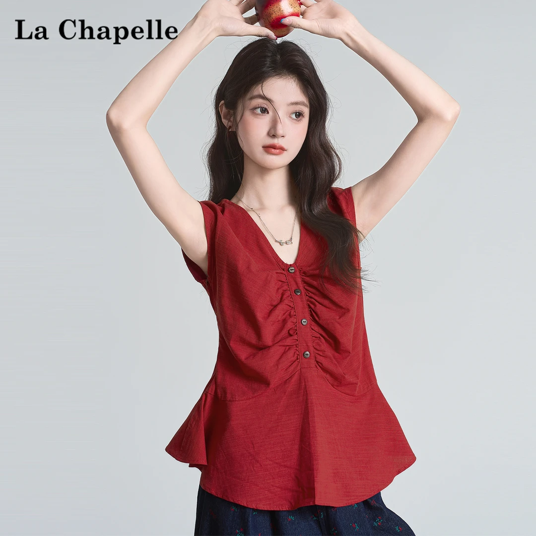 拉夏贝尔V领时尚褶皱红色无袖衬衫女夏2025新款百搭修身显瘦上衣