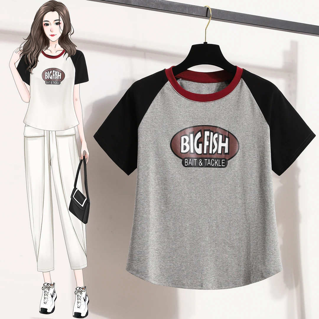 微胖短袖t恤女卡通字母印花宽松甜辣显瘦美式正肩撞色插肩袖上衣