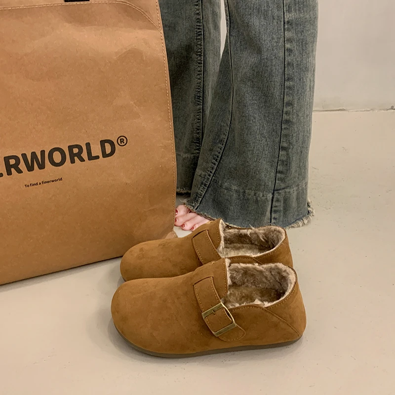 平底勃肯鞋女鞋子2025新款冬季加绒保暖雪地靴豆豆鞋乐福毛毛棉鞋