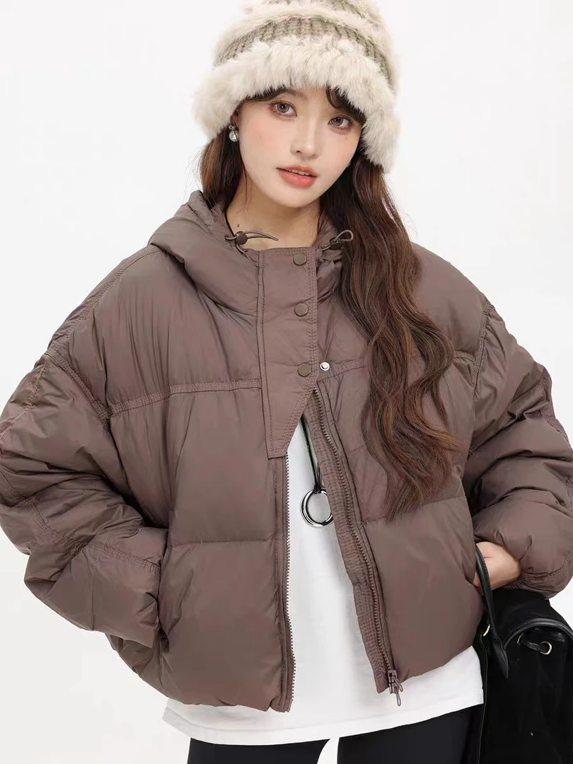 0156慵懒风复古长袖连帽斜门襟加厚冬季羽绒服女气质宽松短款外套