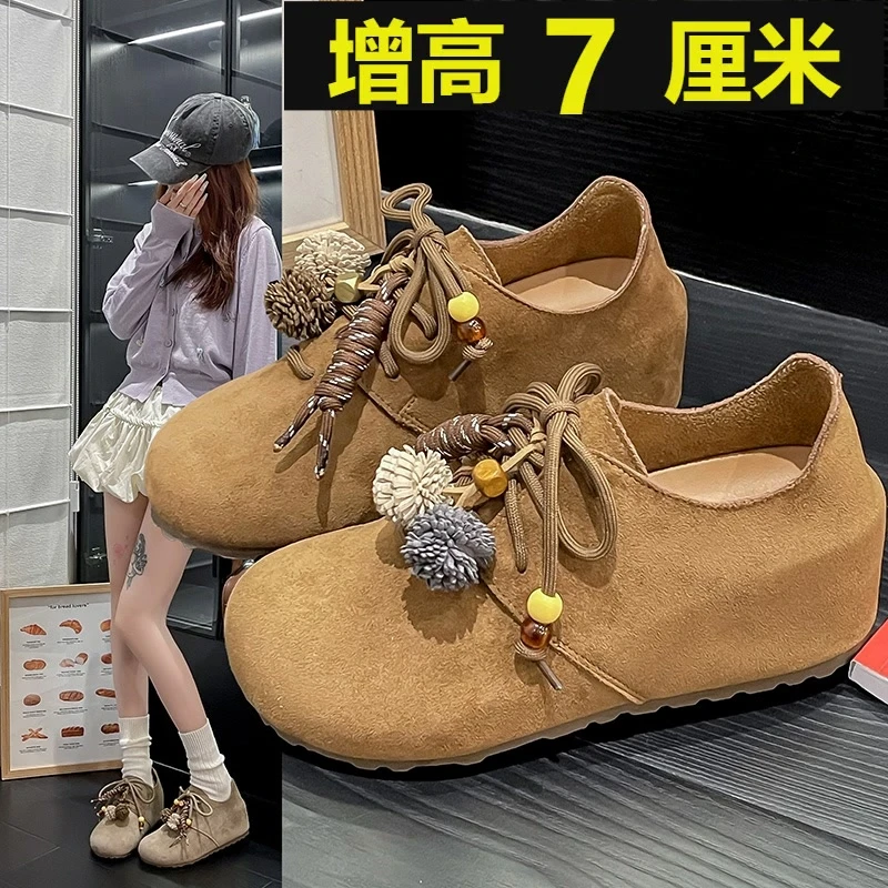 厚底内增高全包勃肯鞋女单鞋2025新款夏秋季小个子丑萌博肯豆豆鞋