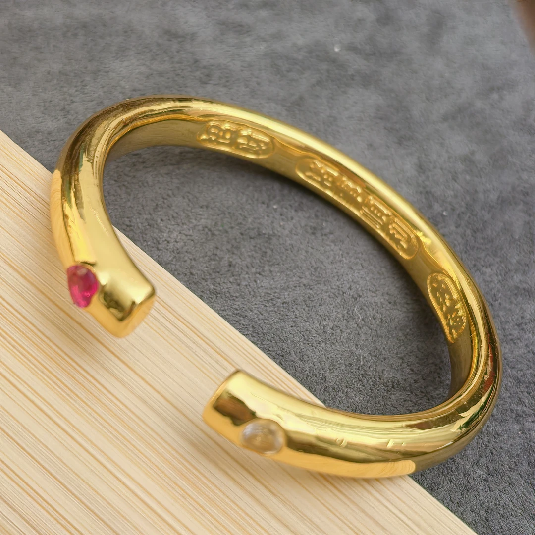 足银手镯 亮面双点钻泥鳅背开口吉言手镯