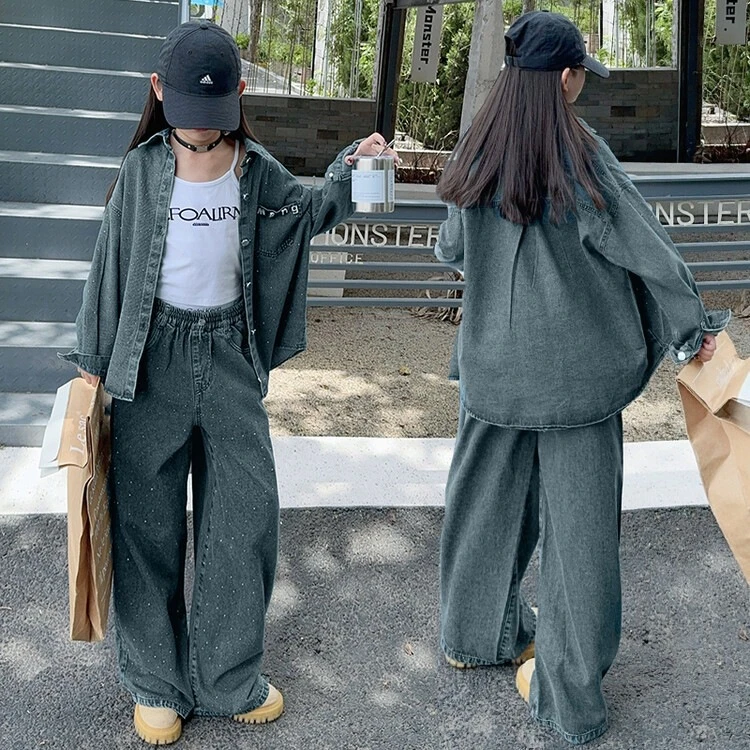 女童牛仔套装2025新款秋季儿童美式烫钻春秋中大童阔腿裤两件套潮