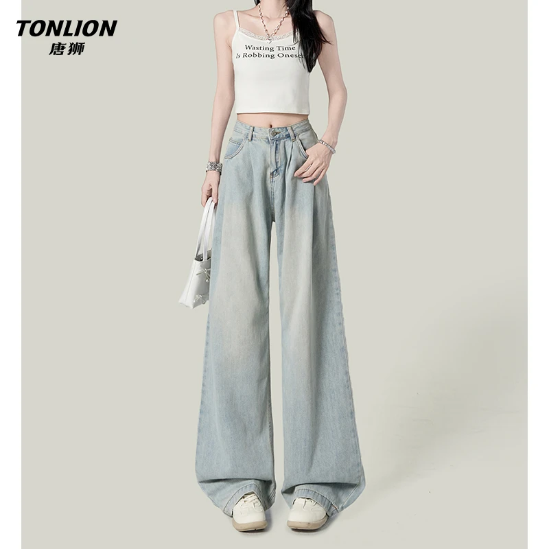 唐狮复古浅蓝色宽松阔腿牛仔裤女美式高腰垂感梨形收胯直筒裤子
