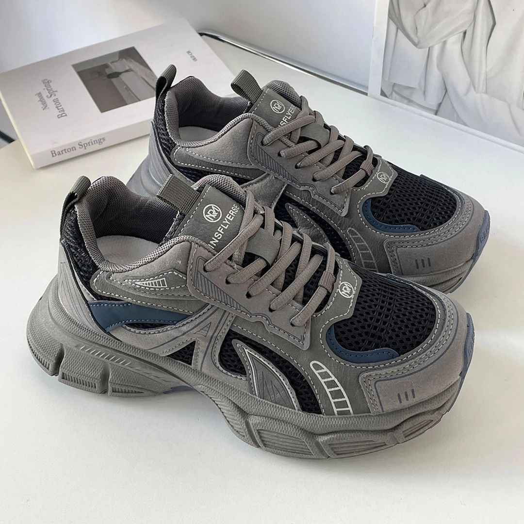 灰蓝皮面厚底小怪兽老爹鞋女秋冬复古加绒保暖休闲百搭跑步运动鞋