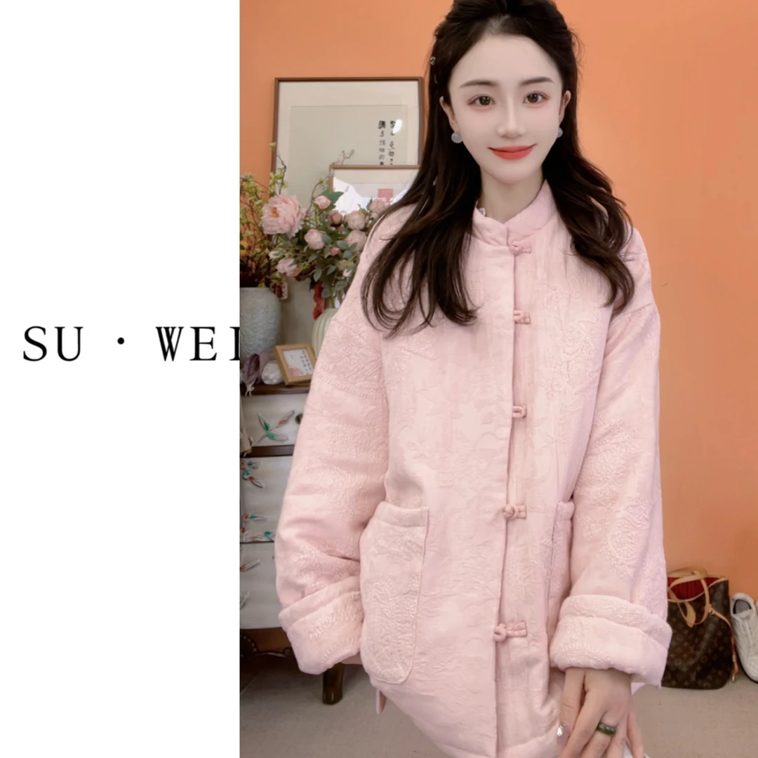 20388新中式手工盘扣亚麻棉刺绣夹棉加厚保暖棉袄