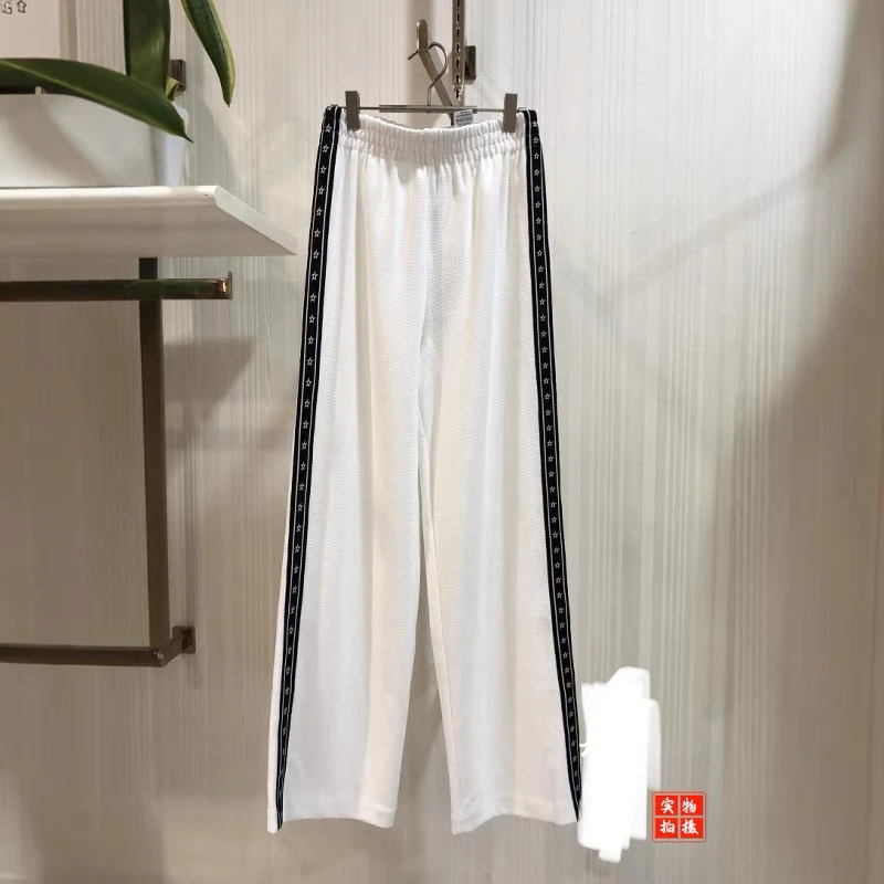 休闲裤女早秋款休闲百搭时尚拼色条纹华夫格直筒裤