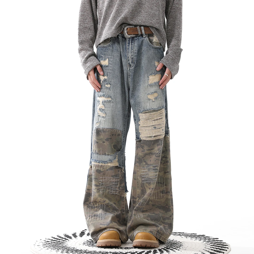 MONOLOGE美式补丁破洞拼接牛仔裤男潮牌复古高街直筒长裤水洗裤子