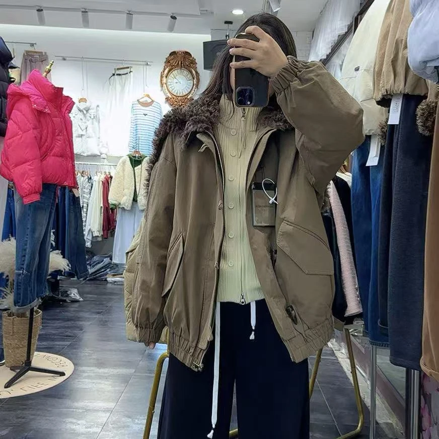 冬季新款韩范宽松中款大翻领连帽两种穿法羽绒服派克服女棉衣学校