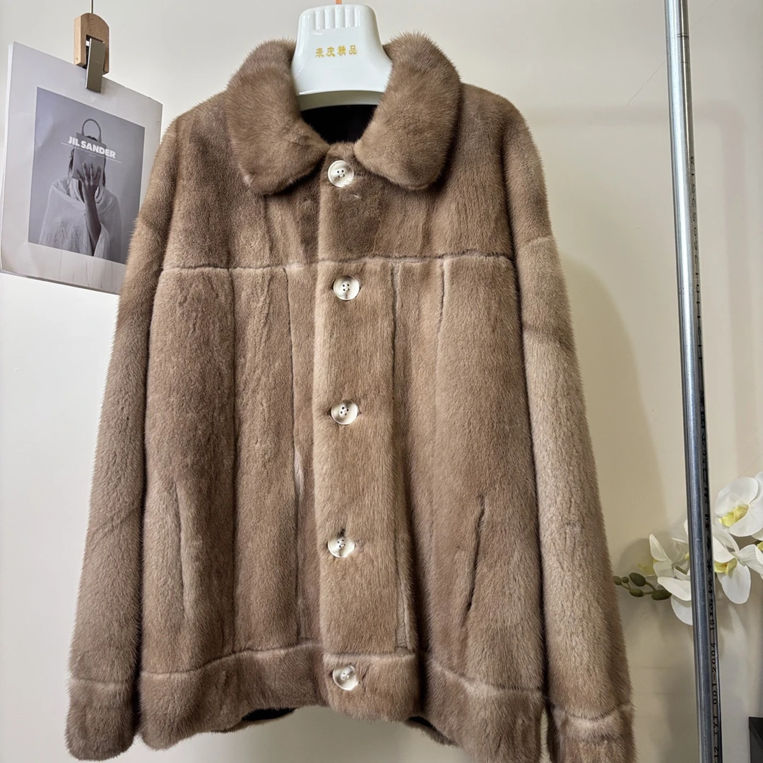 帕斯条原色翻领夹克2025进口水貂皮草短二天鹅绒整貂网红直播福利