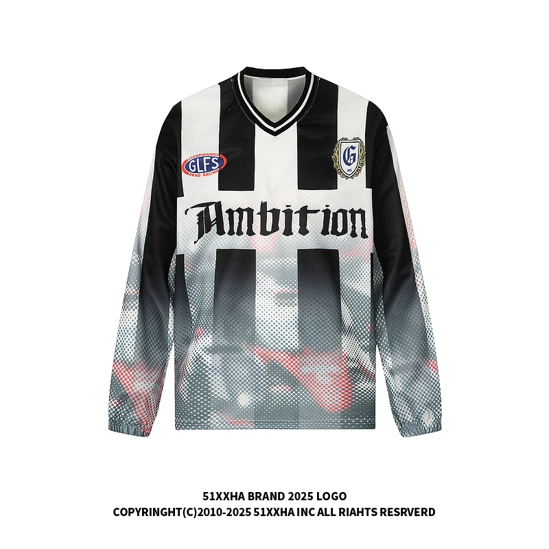 51嘻哈美式复古赛车风V领球衣长袖T恤男女潮牌街头运动上衣打底衫