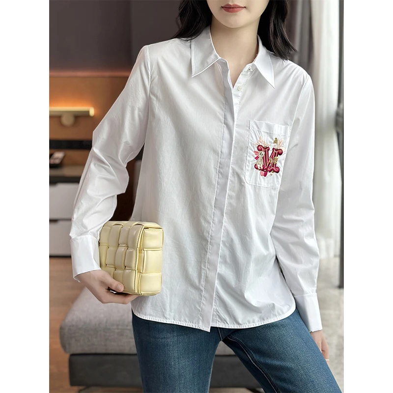 左左家 意奢M家！柜上6K！口袋撞色字母刺绣白色翻领100%棉衬衫女