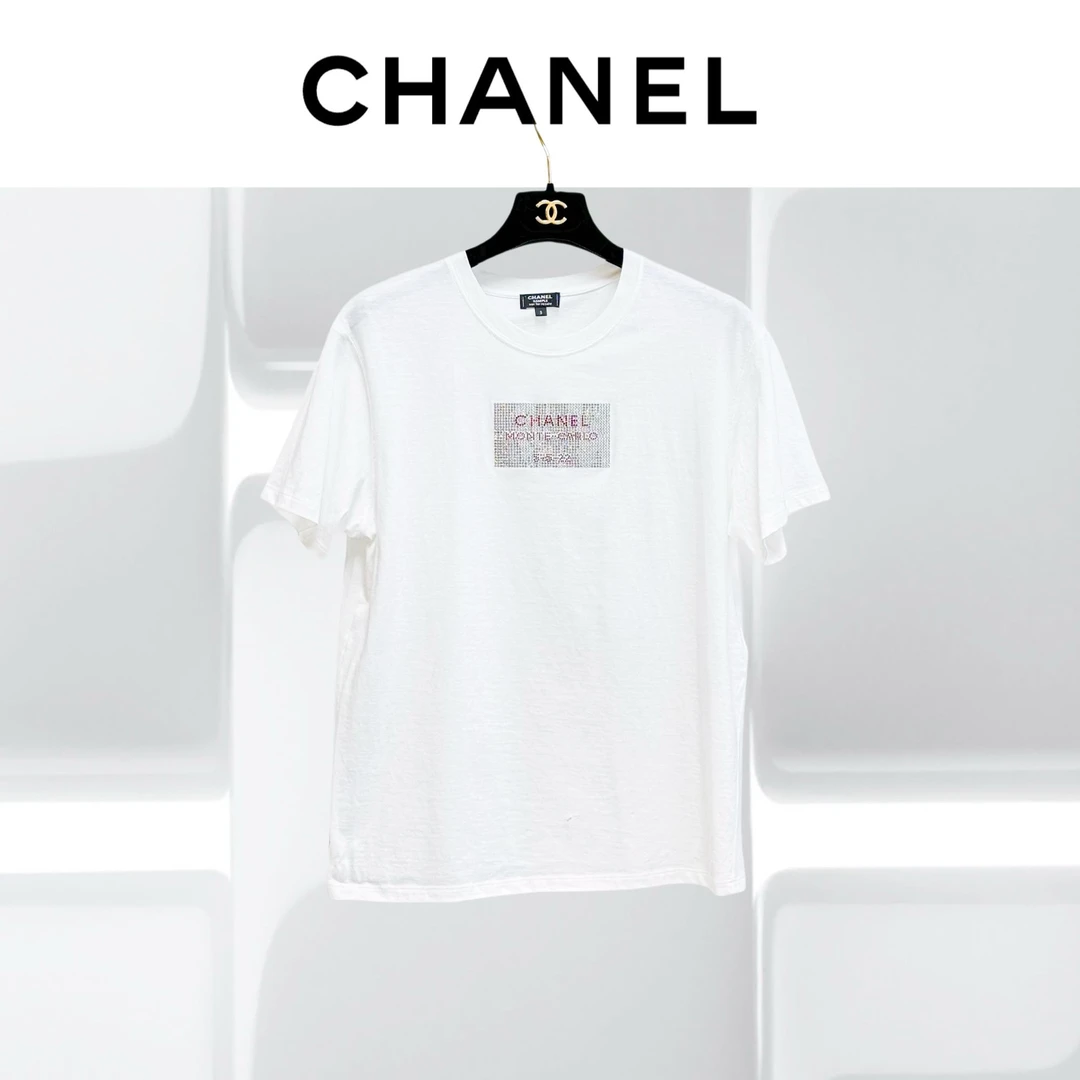 99新 Chanel/香奈儿 S码镶钻字母白色T恤