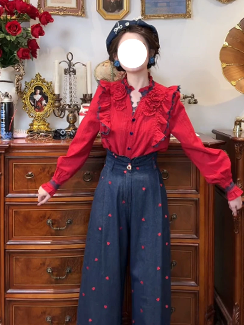 法式复古气质休闲红色长袖衬衫女2025秋冬新款蓝色印花裤子两件套