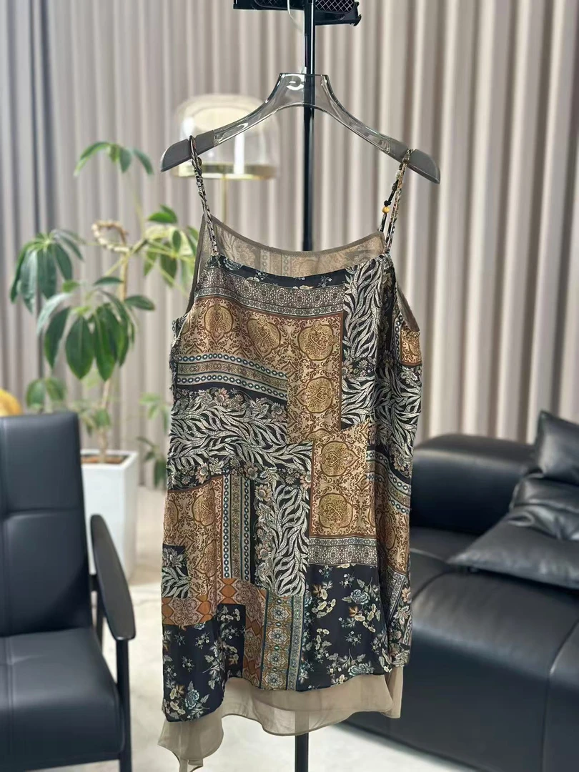 【柳青女装】2025夏季新款不规则下摆吊带上衣复古印花吊带衫7830