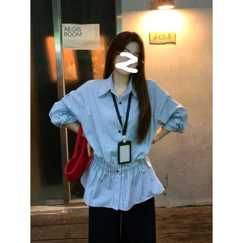 【草莓蛋挞】2025早秋条纹宽松版型收腰松紧腰衬衫女8009#