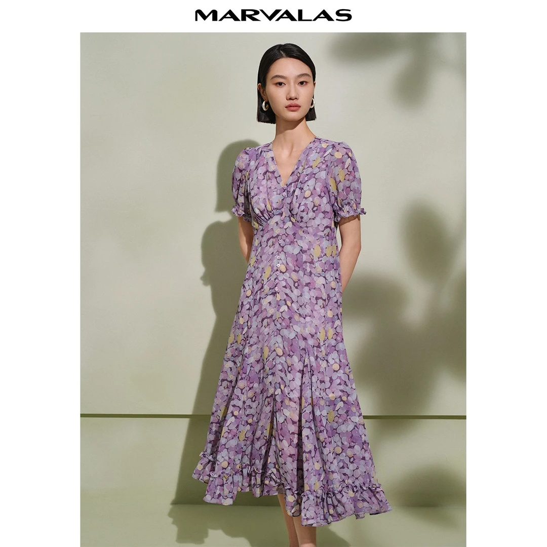 【九月专属】女装连衣裙V领短袖紫色收腰大摆长裙M534104854