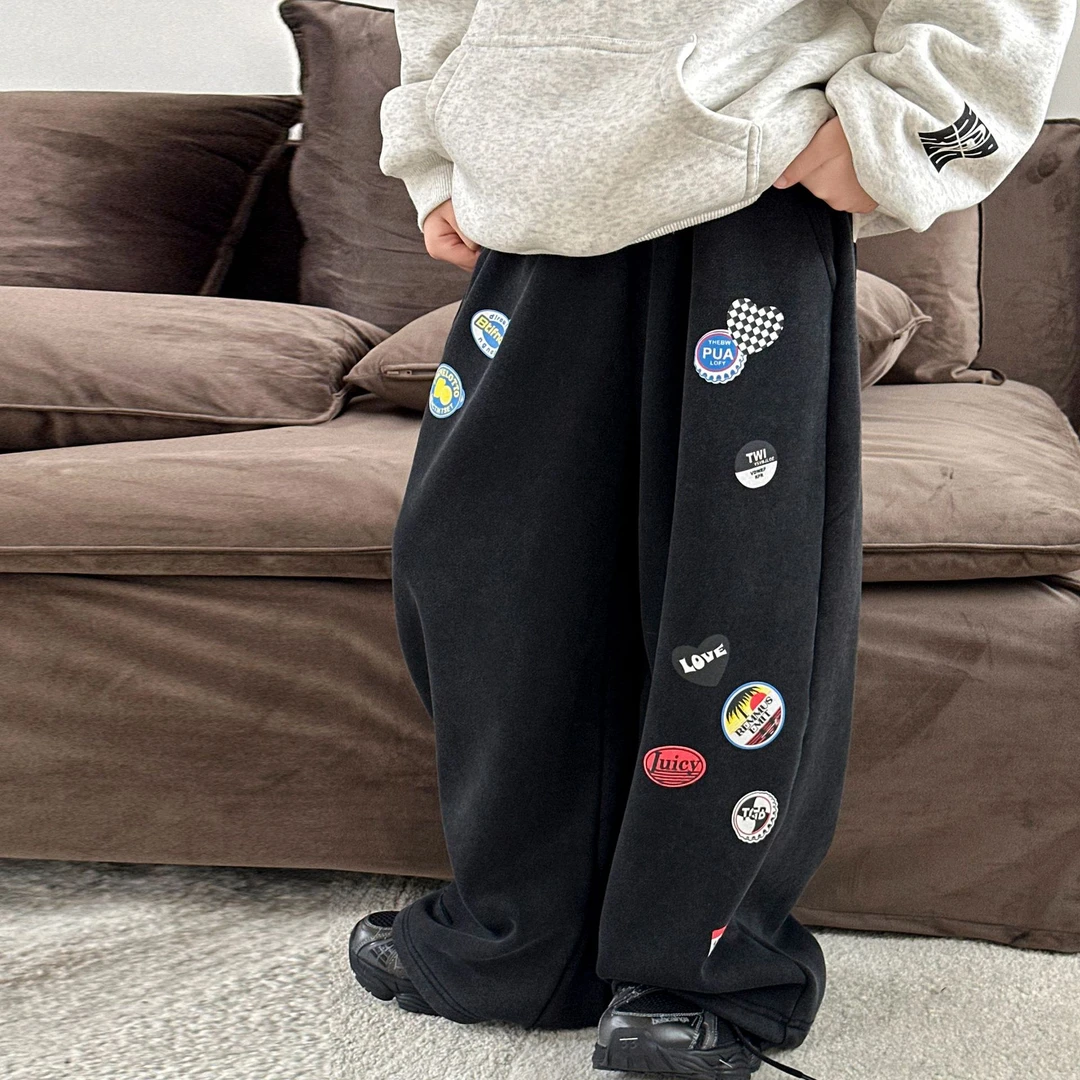 男童加绒裤子美式针织裤2025秋冬季新款潮牌直筒宽松儿童加厚长裤