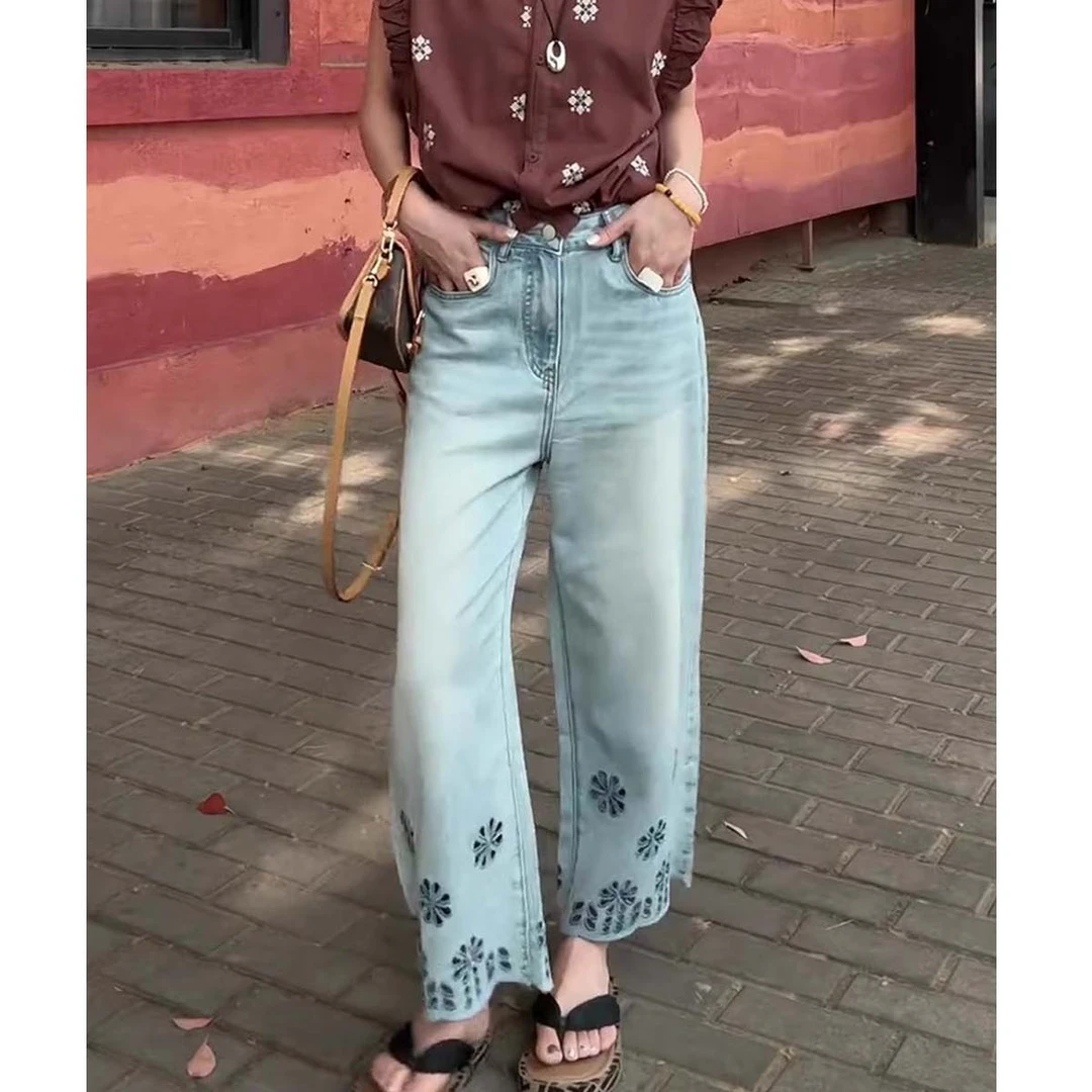蓝色印花镂空九分牛仔裤女夏季2025新款高腰显瘦气质百搭阔腿裤子
