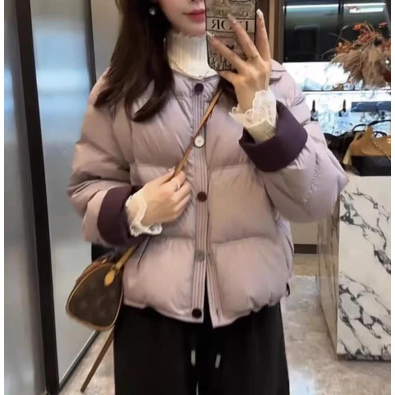 彩扣短款圆领白鸭绒羽绒服女2025冬季新款小个子休闲显瘦保暖外套