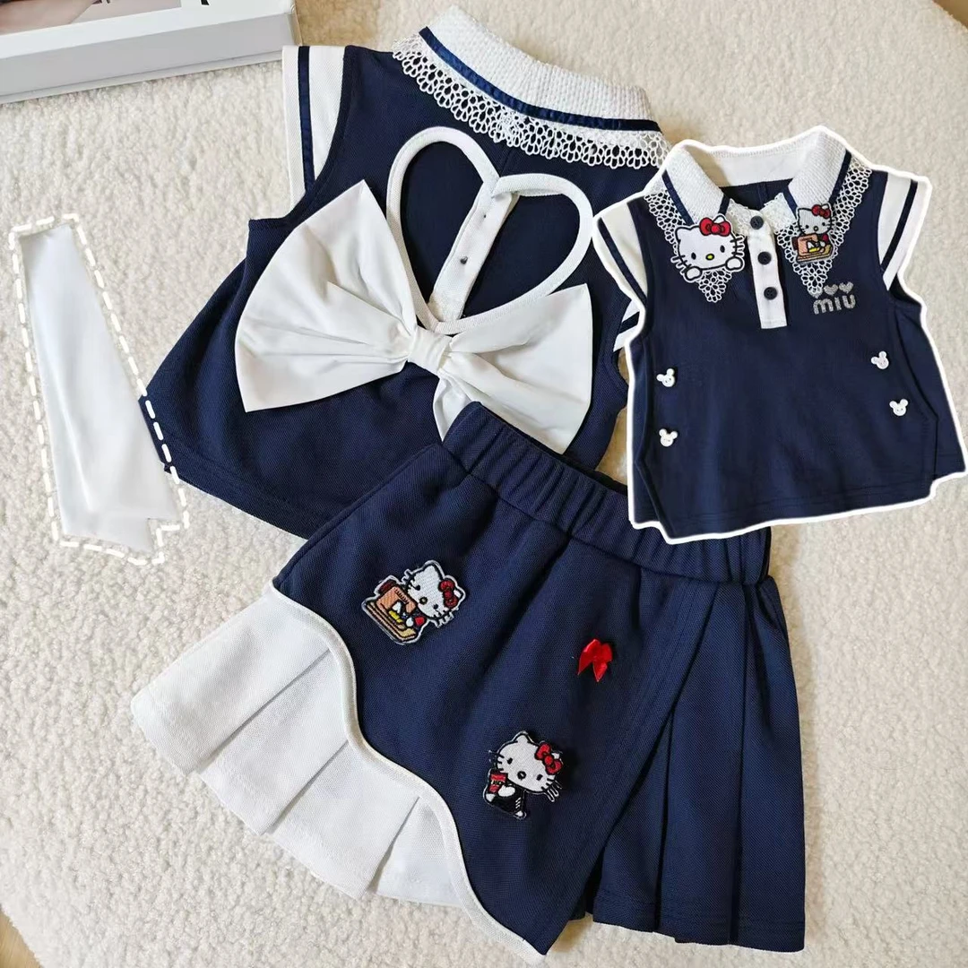 女童套装夏季2025新款儿童韩版学院风蝴蝶结背心百褶裙两件套潮