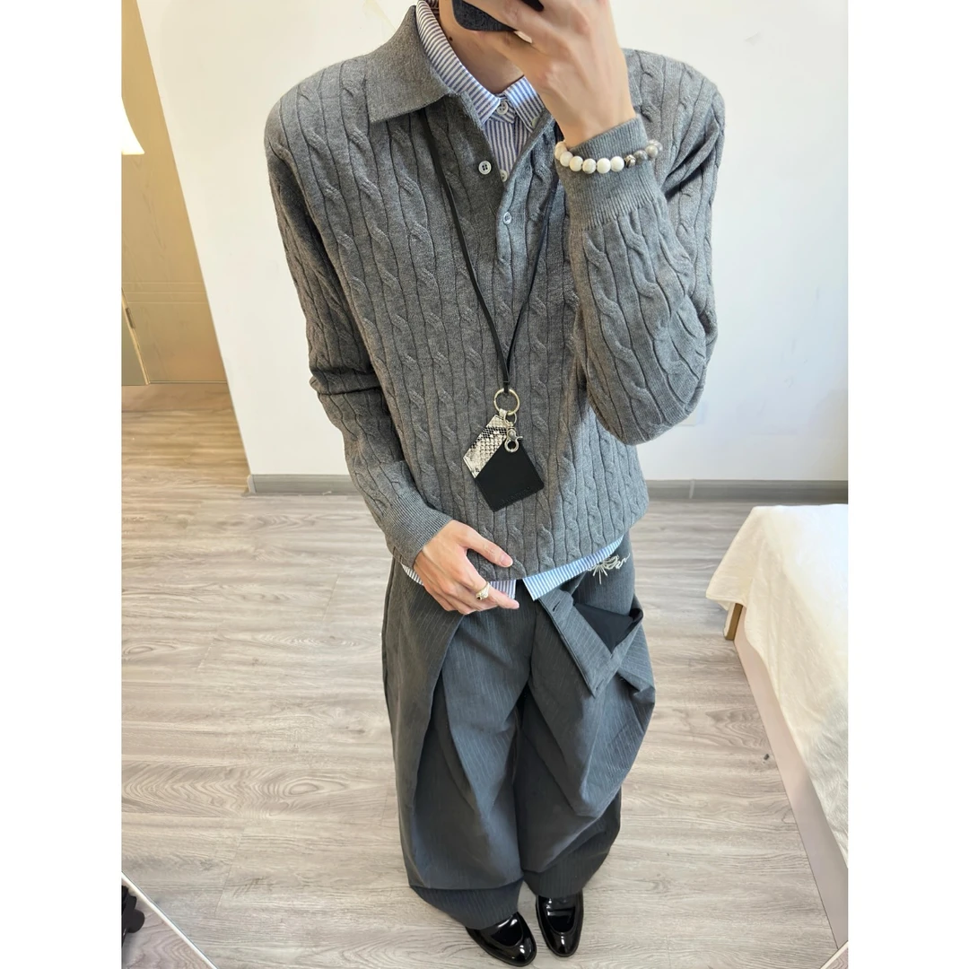 秋简约打底设计感翻领针织衫男套头休闲舒适毛衣长袖百搭潮流时尚