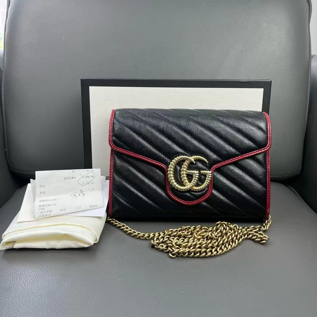 95新 GUCCI/古驰 黑色单肩链条包 0708 1732