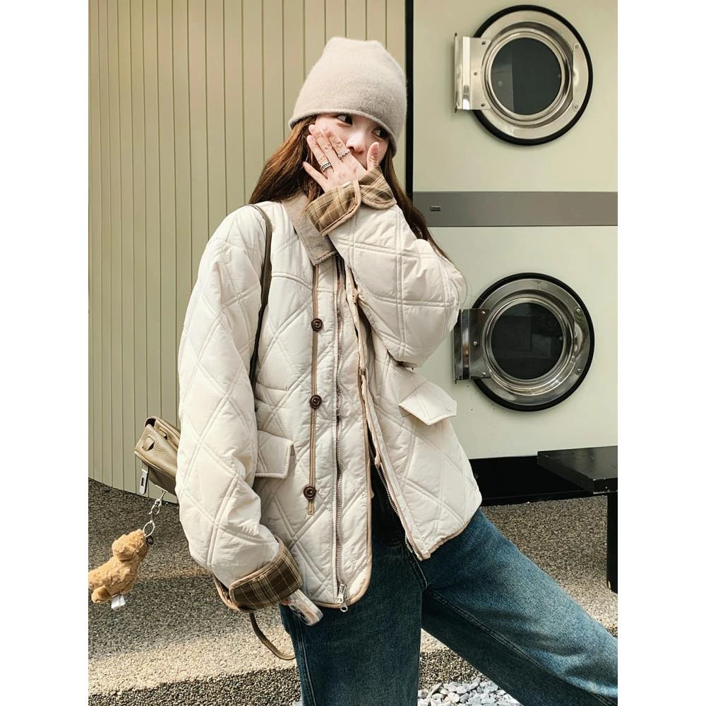 学院风韩系小个子菱形格服外套女2025冬季新款休闲显瘦爆款袄