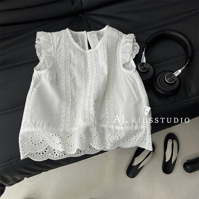 现【布蕾甜茶】阿卷韩版女童时尚简约纯色蕾丝清新无袖背心MPG6281