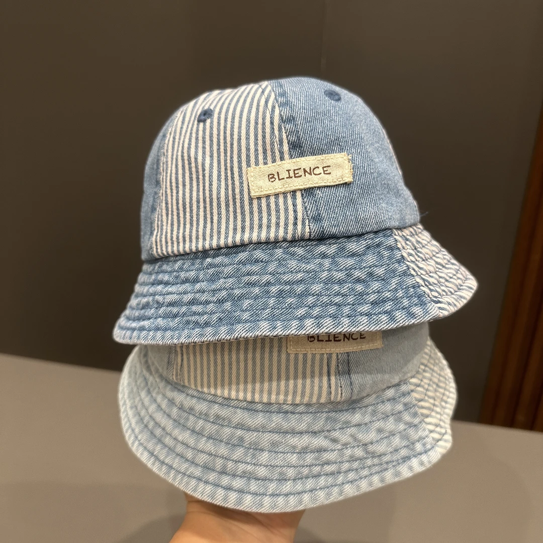 儿童渔夫帽春秋季洋气拼色牛仔条纹遮阳盆帽婴幼儿秋天出游防晒帽