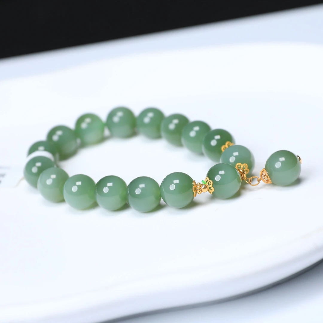 【潮生珠宝】·大稀缺·和田玉碧玉粉青闪猫眼18K金12mm“特细级”手串