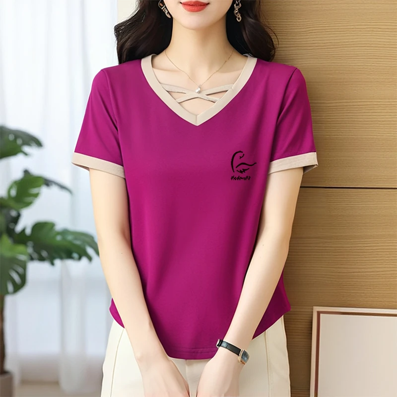 高档冰瓷棉短袖T恤女夏大码宽松显瘦打底减龄V领休闲遮肉上衣体恤
