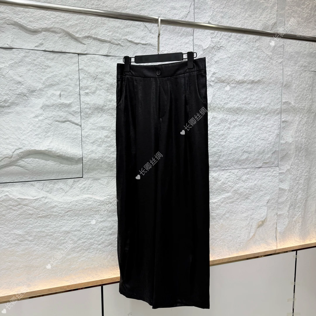 龟裂纹桑蚕丝夏季通勤松紧腰黑色宽松长裤 KK0013
