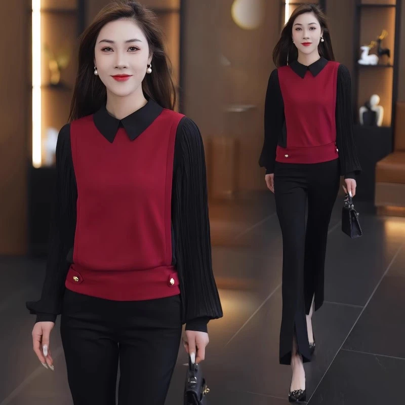 韩系时尚长袖衬衫女早春新款假两件拼接洋气上衣宽松遮肉百搭衬衣