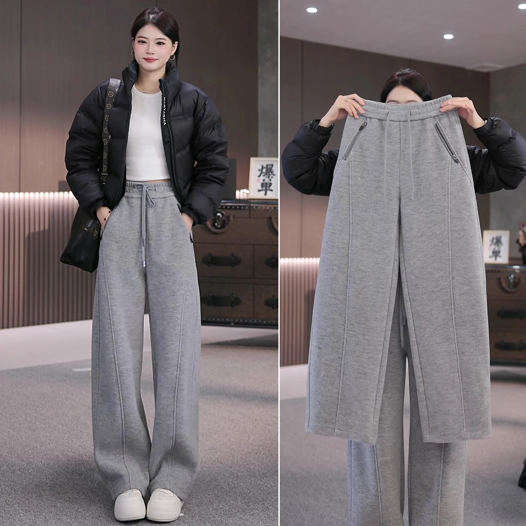 羊毛裤加绒卫裤女冬季裤子2025新款运动裤宽松弯刀休闲长裤阔腿裤
