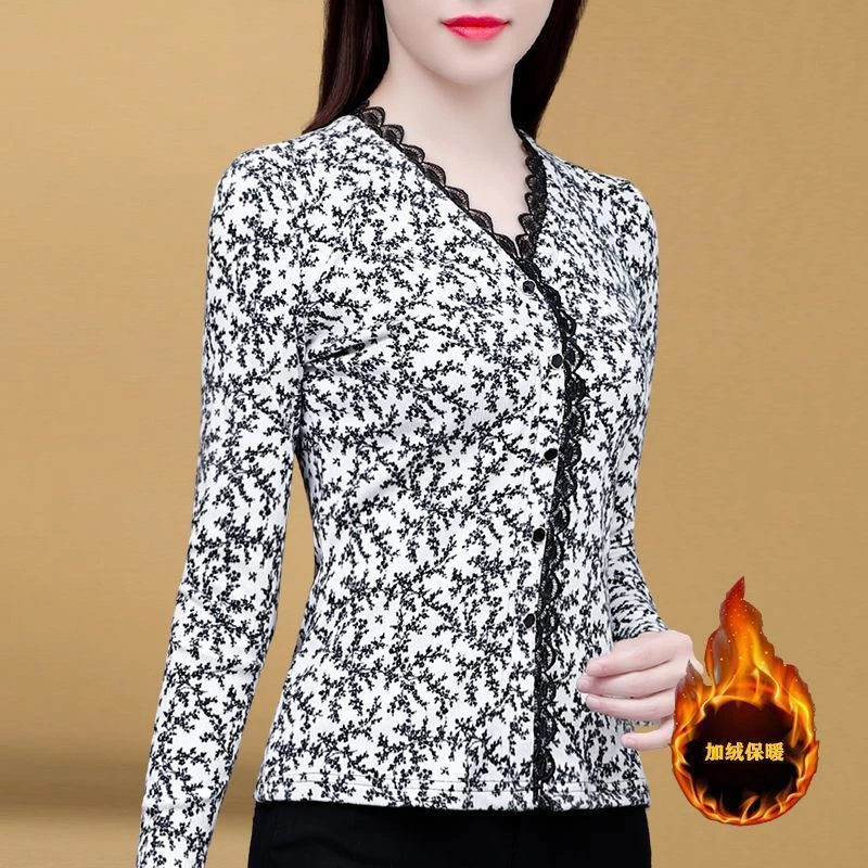 GF#876 打底衫女长袖秋冬新款时尚百搭v领内搭小衫加绒加厚收腰上