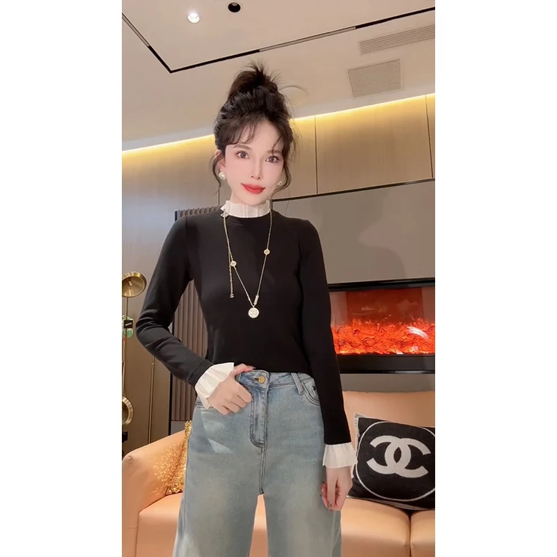 欧洲站2025新款时尚气质立领拼接网纱假两件打底衫女休闲上衣