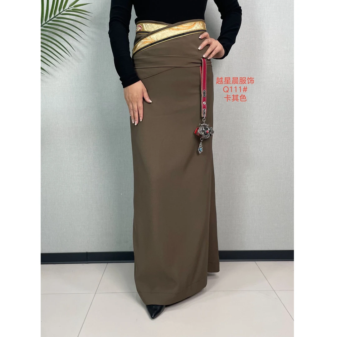 新款卡其色藏式裹裙休闲复古气质藏袍半裙带彩边时尚民族风