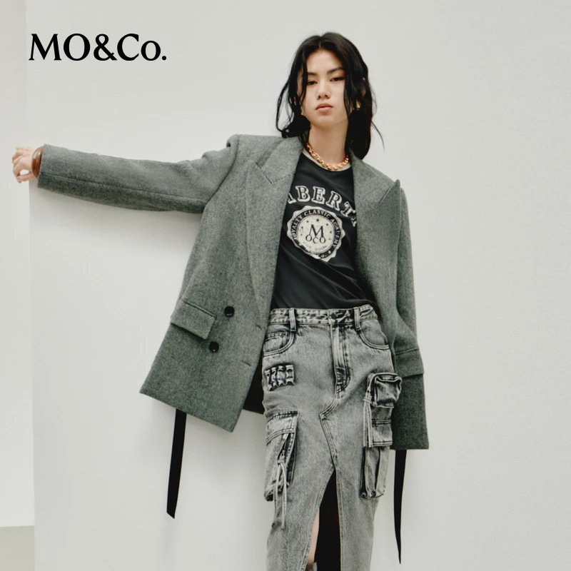 【粉丝专享】MOCO秋绵羊毛牦牛绒人字纹飘带垫肩西装外套MBD3COT009