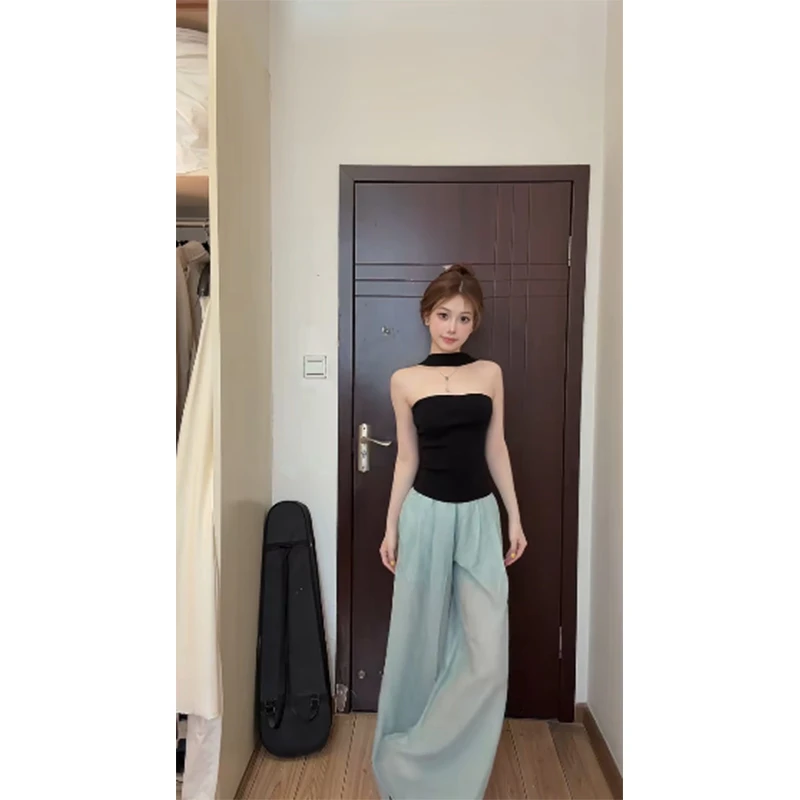 2025夏季新款纯欲风一字肩无袖抹胸上衣女配高腰显瘦休闲长裤