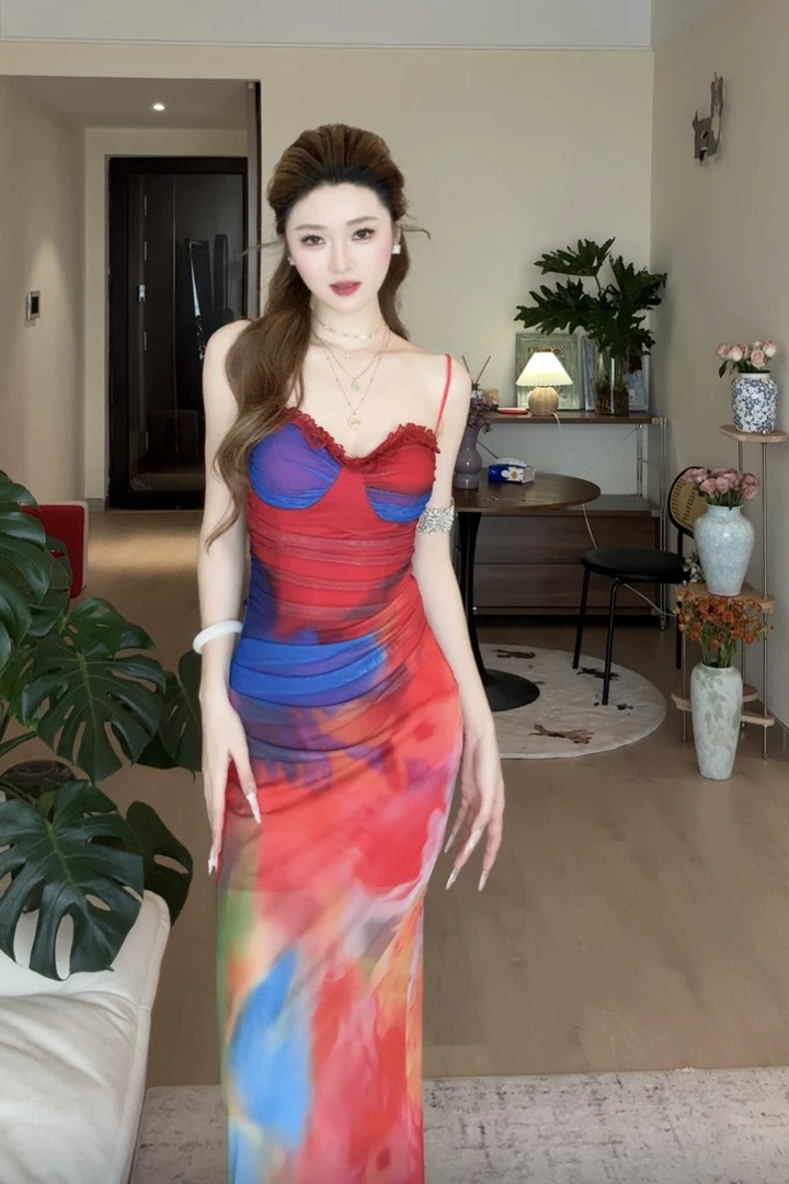 小可WIWI欧美风网纱水墨印花吊带度假连衣裙夏季鱼骨修身包臀长裙
