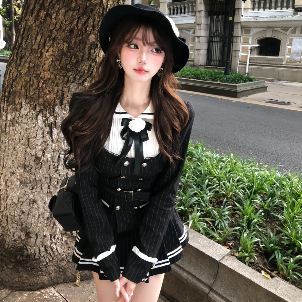 黑道千金 复古非正式学院风休闲西装收腰假两件外套短裙两件套装