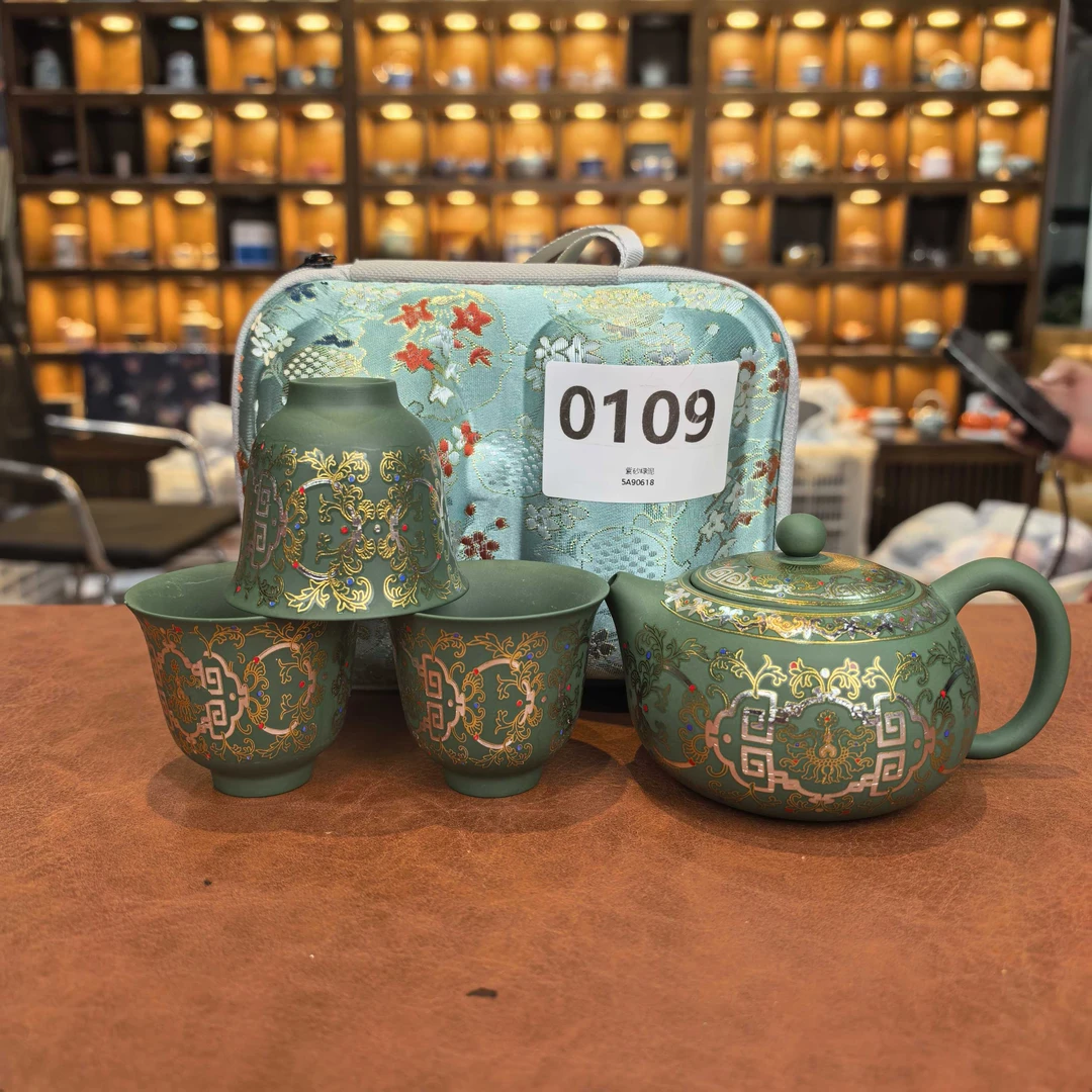 KK0668-绿泥金银措凤鸣西施壶带三杯旅行茶具