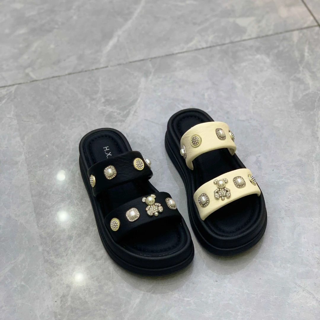 555-5夏季水钻一字带厚底增高休闲松糕拖鞋女外穿凉拖鞋女款露趾