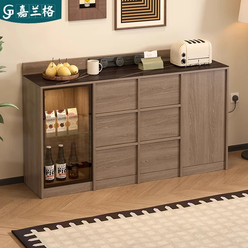 骨骼线岩板餐边柜茶水柜靠墙带插座一体储物柜复古置物柜子9G382